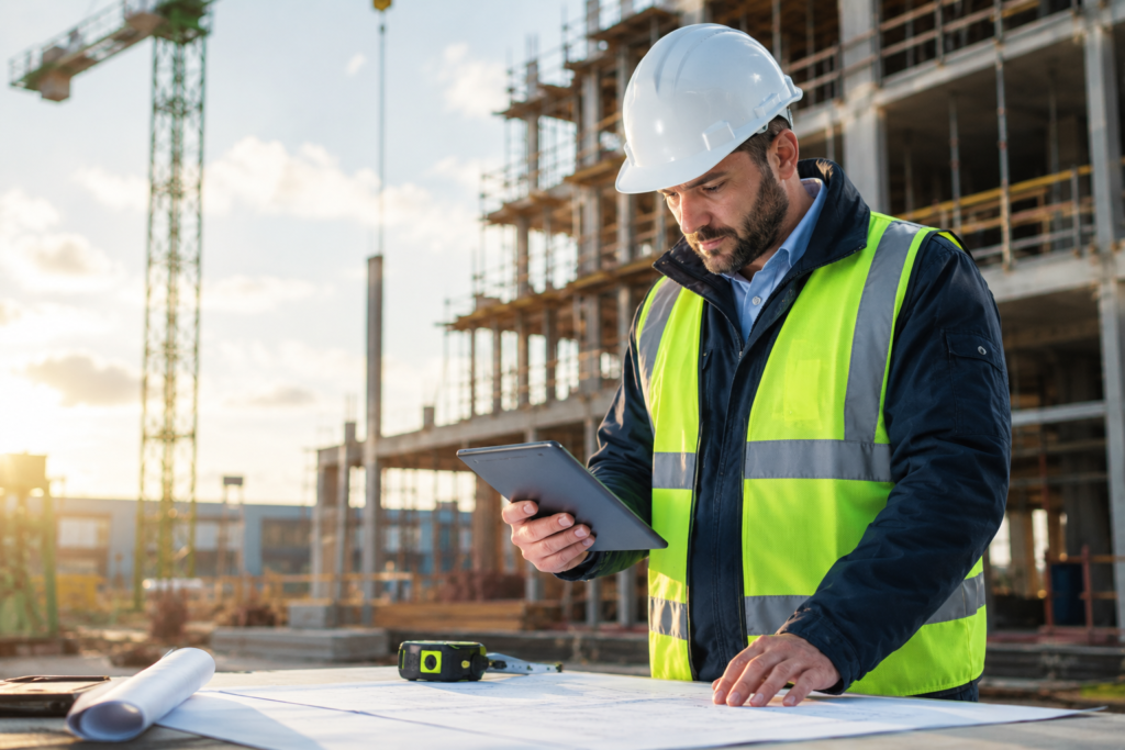 Contractor reviewing blueprints and a tablet at a construction site