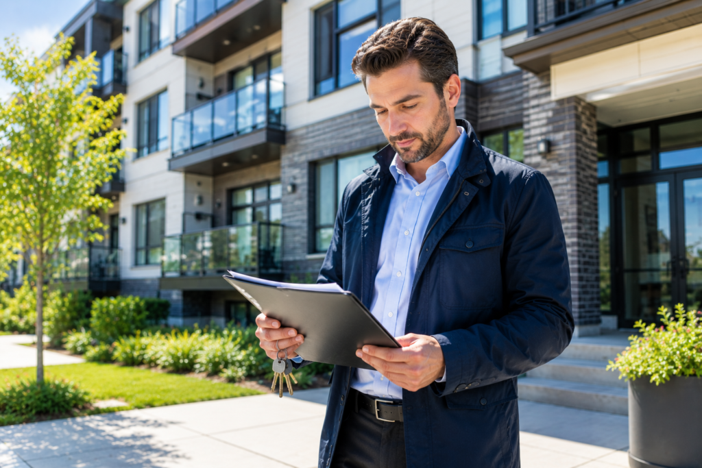 Property manager reviewing documents and keys outside an apartment building