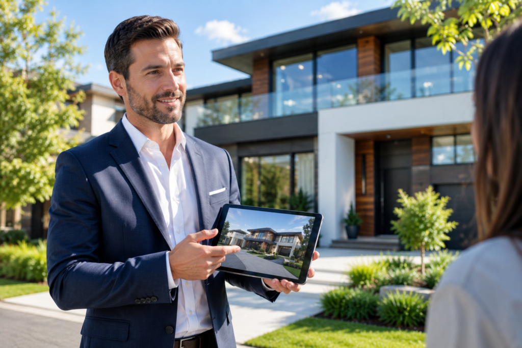 Real estate agent showing a modern home listing on a tablet