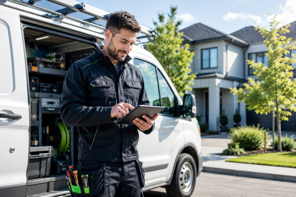 Service technician using a tablet beside a work van